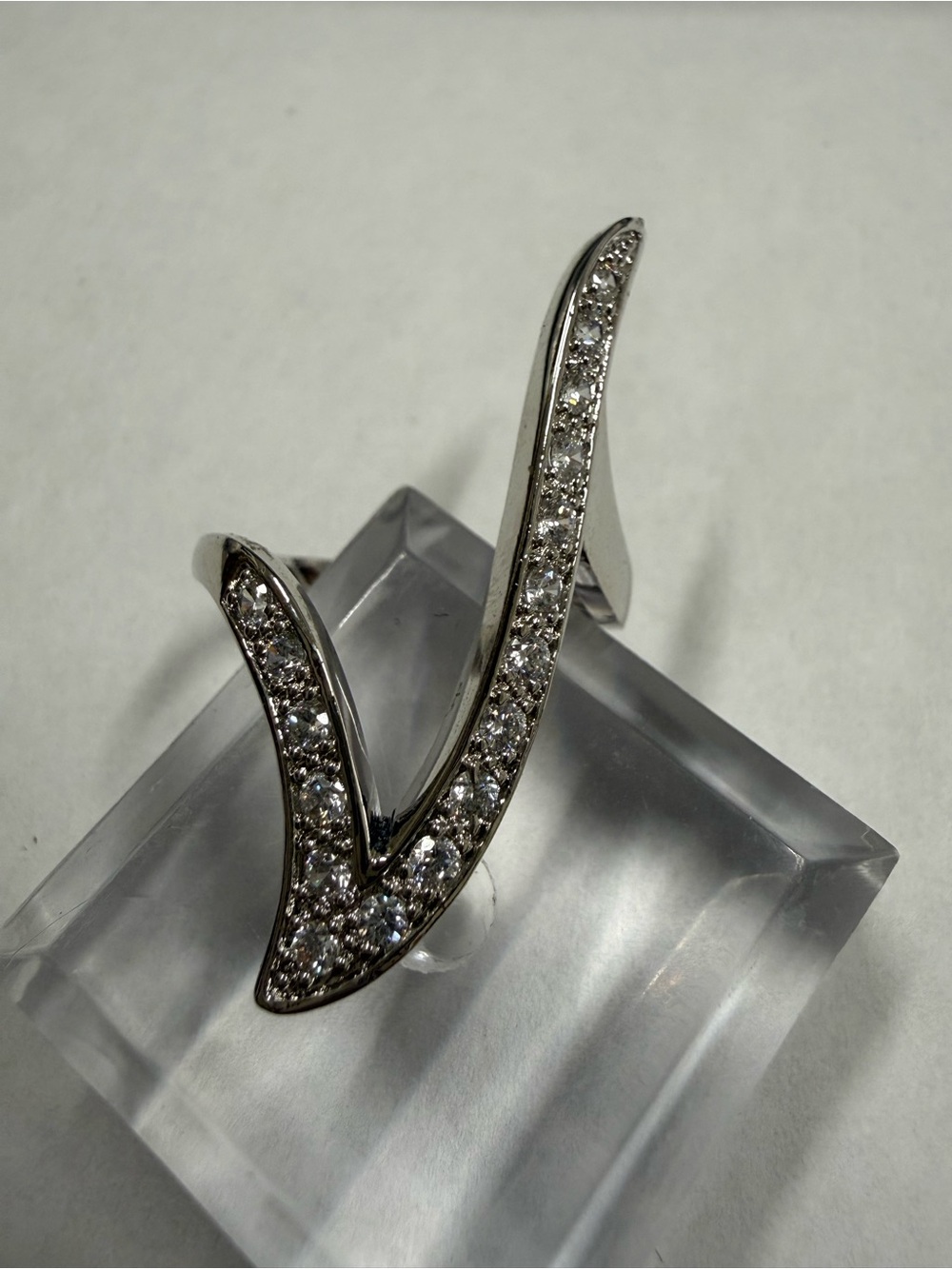 Size 10 Rhodium Electroplated with CZ Stones V-Shape Statement Ring